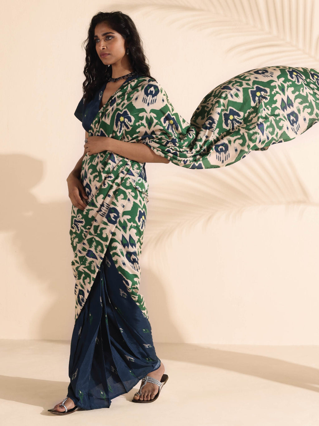 trueBrowns Green Blue Muslin Ikat Saree | Grocsy