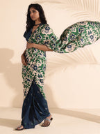 trueBrowns Green Blue Muslin Ikat Saree | Grocsy