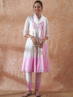 InWeave Women's White Lurex Pink Dye Patch Gota Anarkali Kurta Set W Dupatta | Grocsy