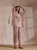 trueBrowns Multicolor Beige Overall Floral Block Print Cotton Kaftan Co-Ord Set | Grocsy