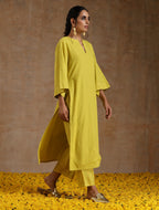 trueBrowns Lime Gold Cotton Relax High Slit Kurta Set | Grocsy