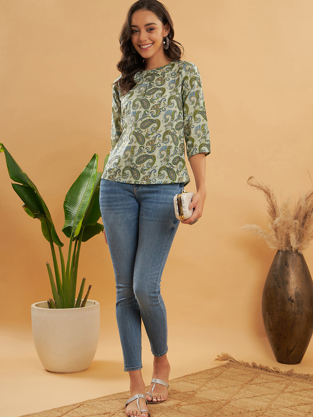 InWeave Women's Sage Green Paisley Print Top | Grocsy