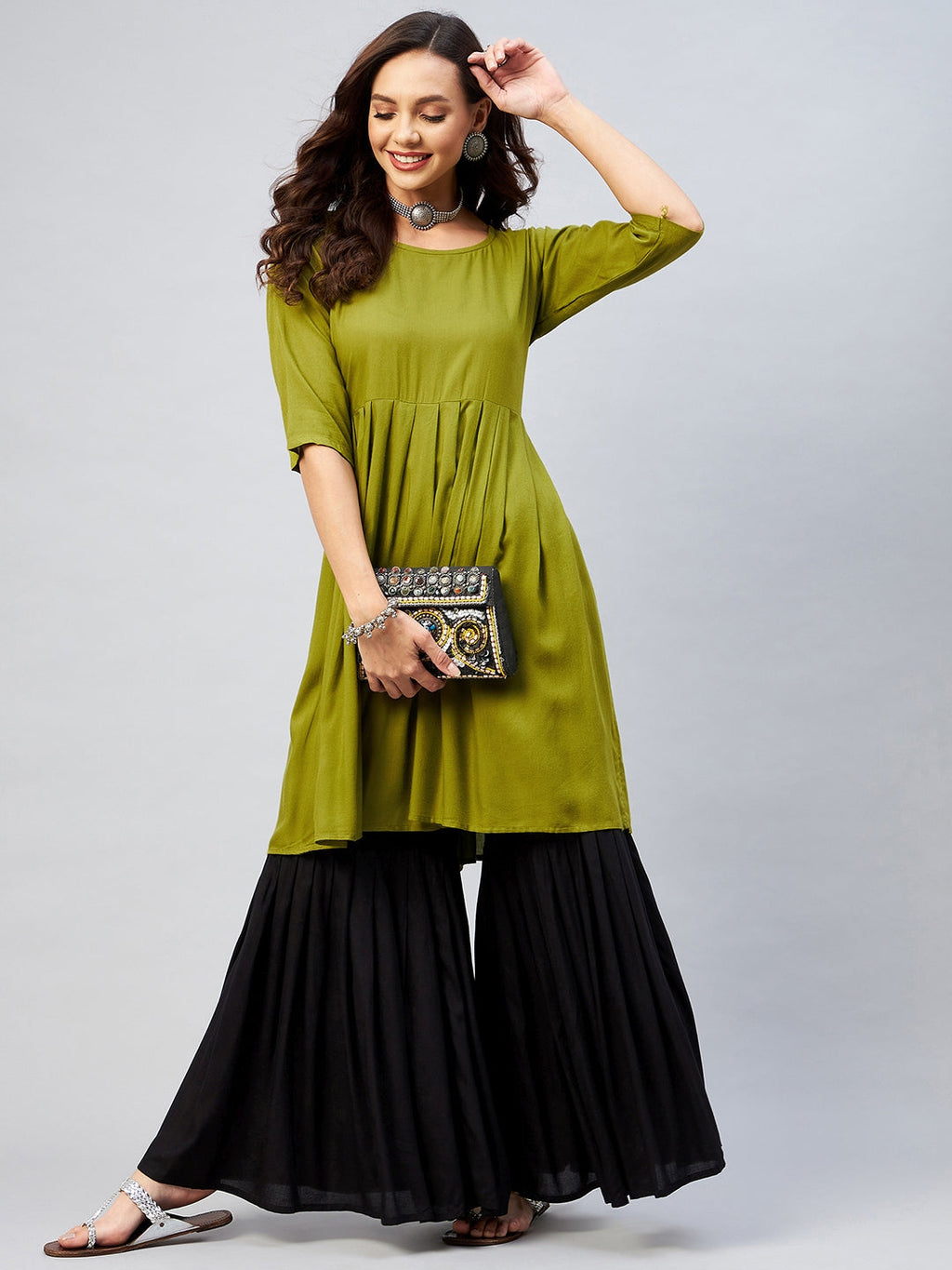 InWeave Women's Olive Short Anarkali Kurta | Grocsy
