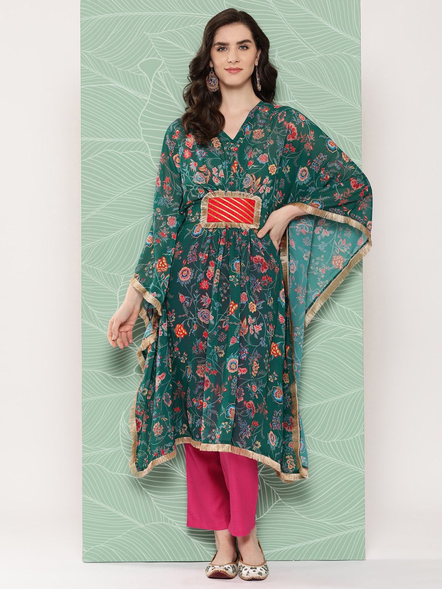 Ahalyaa Women Floral Printed Flared Sleeves Patchwork Georgette Kaftan Kurta | Grocsy