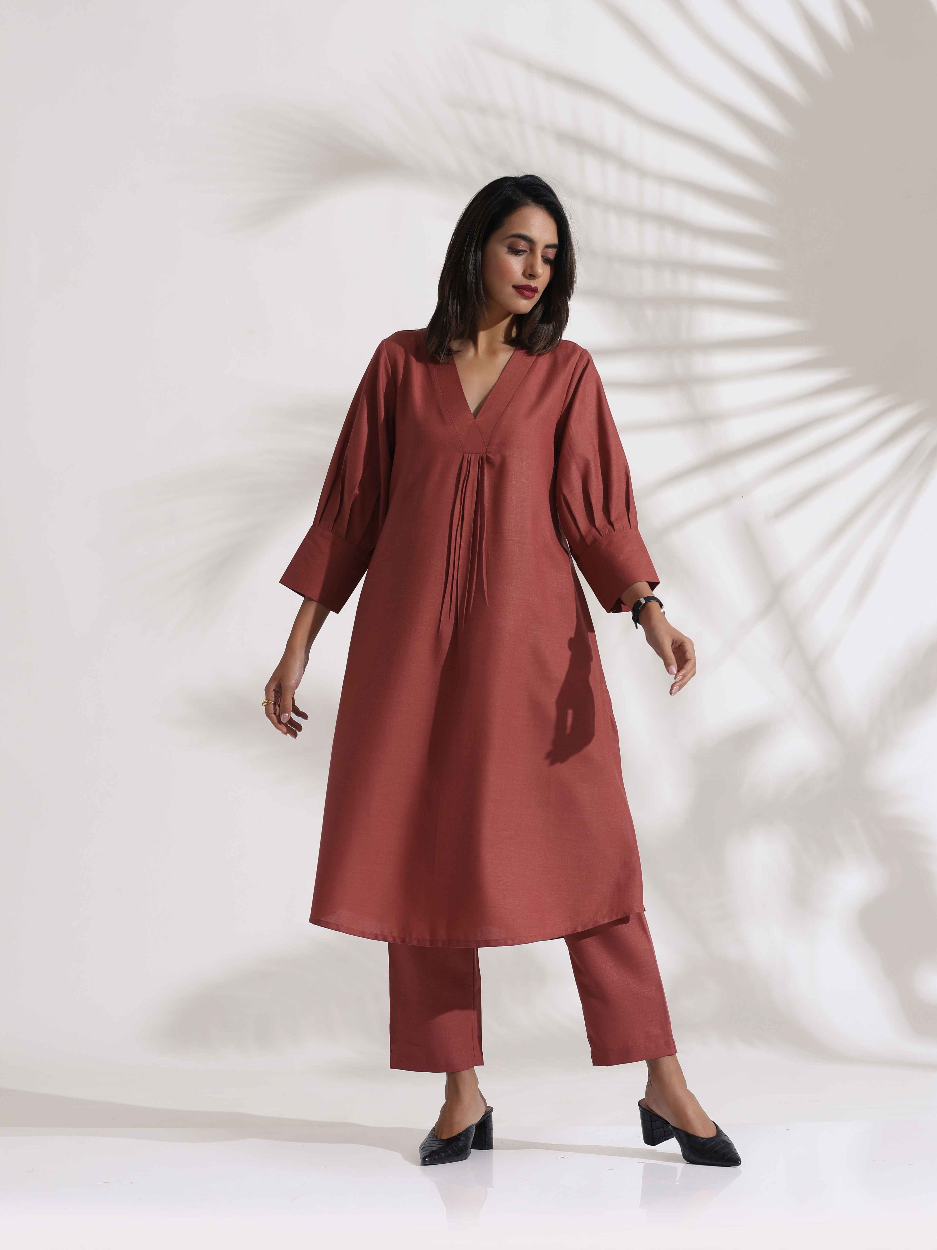 trueBrowns Pink Slub Kurta Set | Grocsy