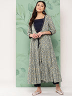 InWeave Women's Navy Top Bottom W Grey Bandhej Long Shrug Set | Grocsy