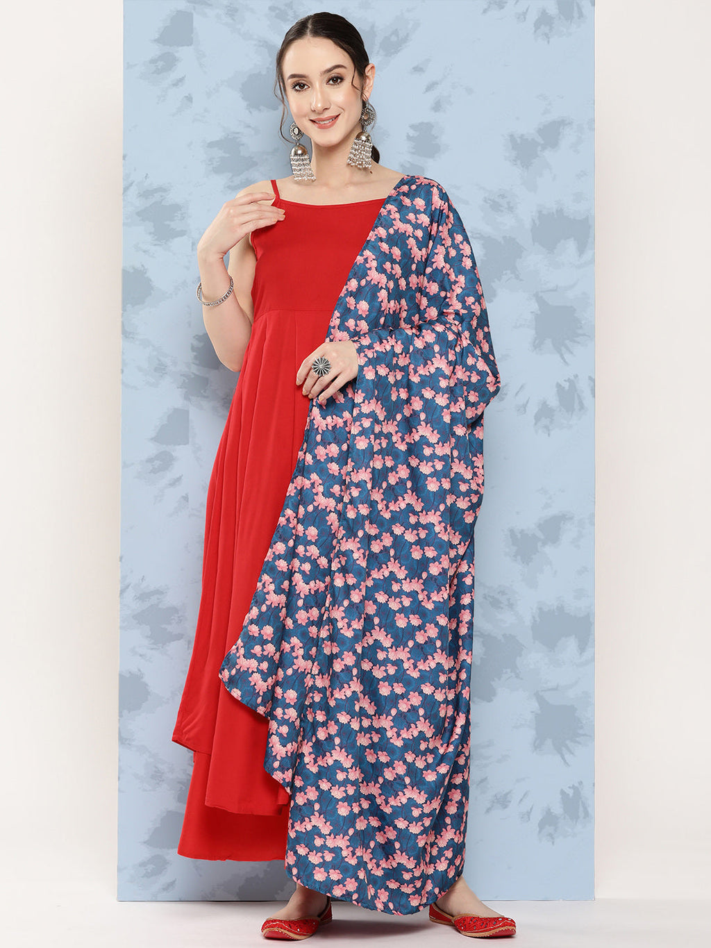 InWeave Women's Red Strappy Set W Navy Pink Lotus Cr Duptta | Grocsy