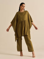 trueBrowns Olive Green Texture Doddy Kaftan Gathered Co-Ord Set | Grocsy