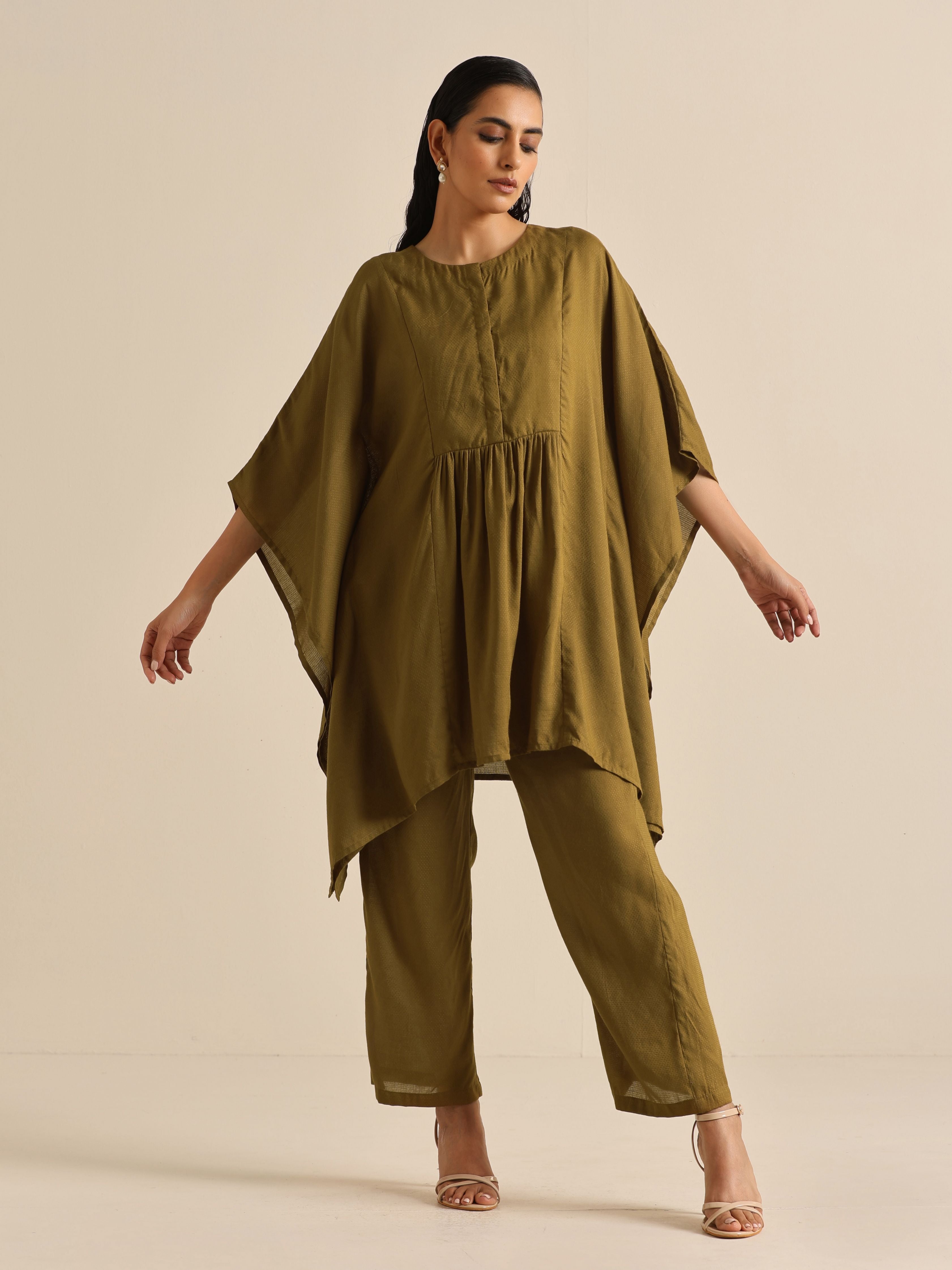 trueBrowns Olive Green Texture Doddy Kaftan Gathered Co-Ord Set | Grocsy