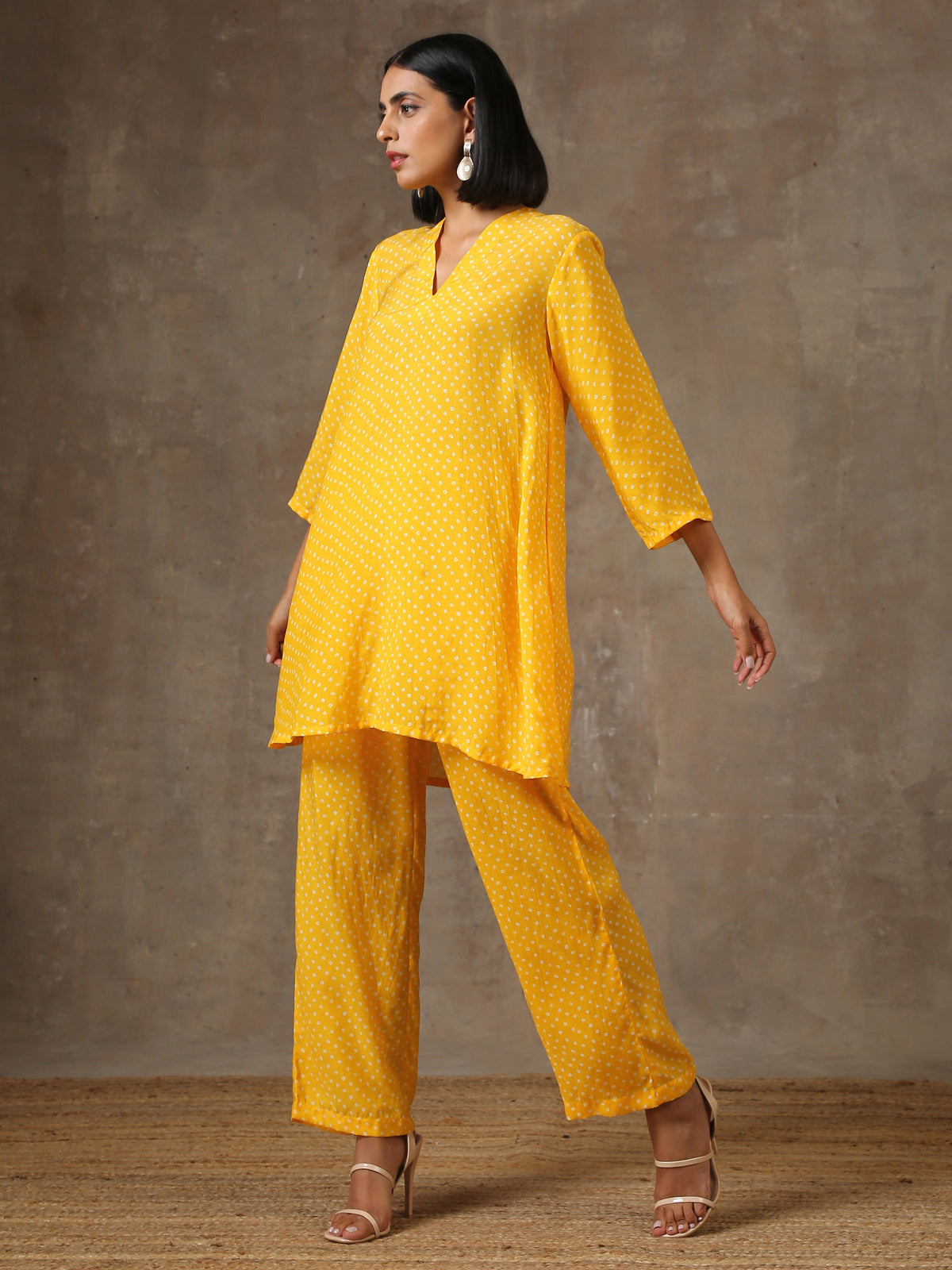 trueBrowns Yellow Bandhani Flare Printed Silk Co-Ord Set | Grocsy