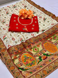 Lorenvalley Fashion Premium White Vichitra Silk Embroidery and Diamond work Both Side Saree | Grocsy