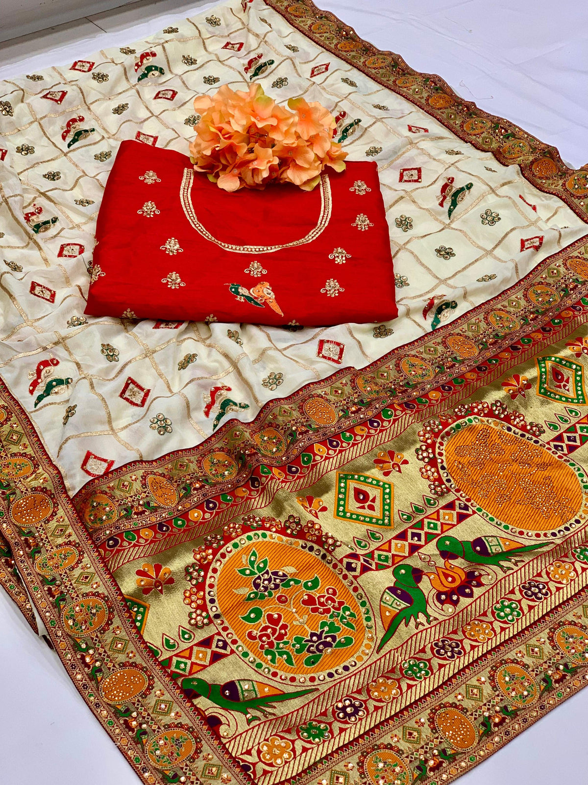 Lorenvalley Fashion Premium White Vichitra Silk Embroidery and Diamond work Both Side Saree | Grocsy