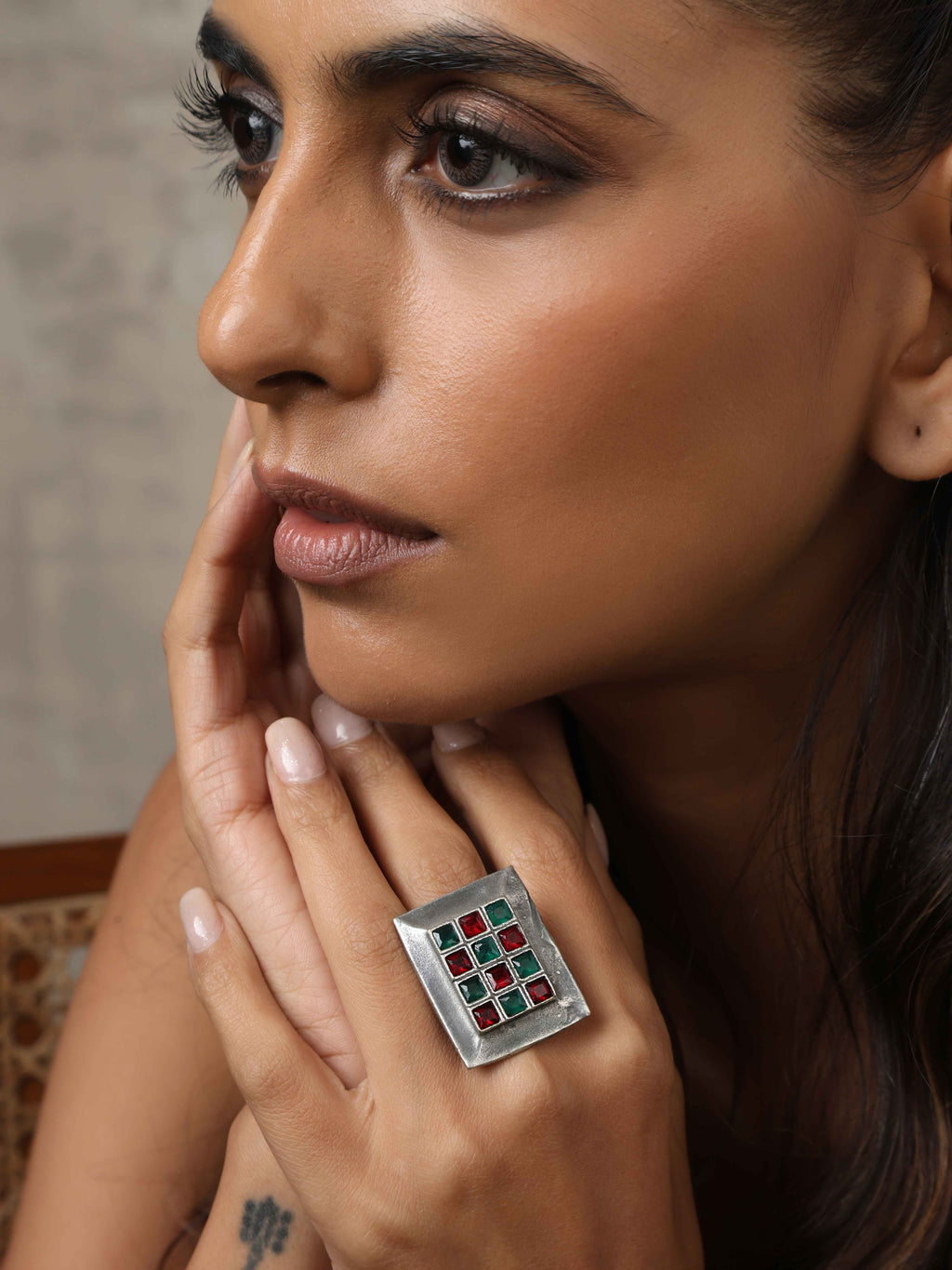 trueBrowns Silver Tone Rectangular Stone Ring | Grocsy