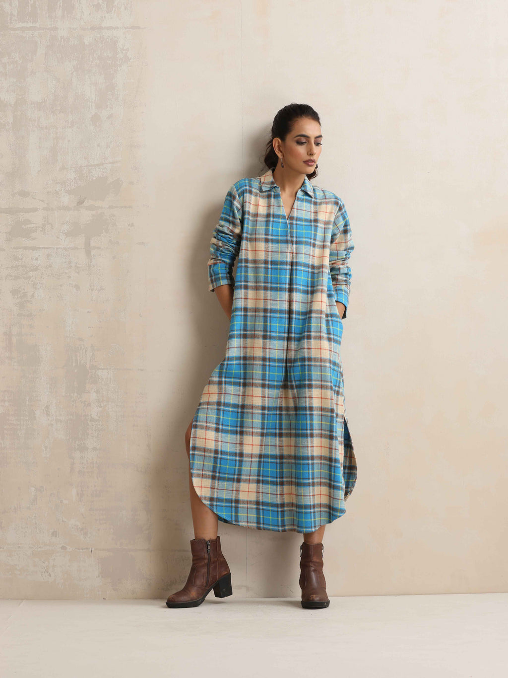 trueBrowns Beige Check Pleated Winter Dress | Grocsy