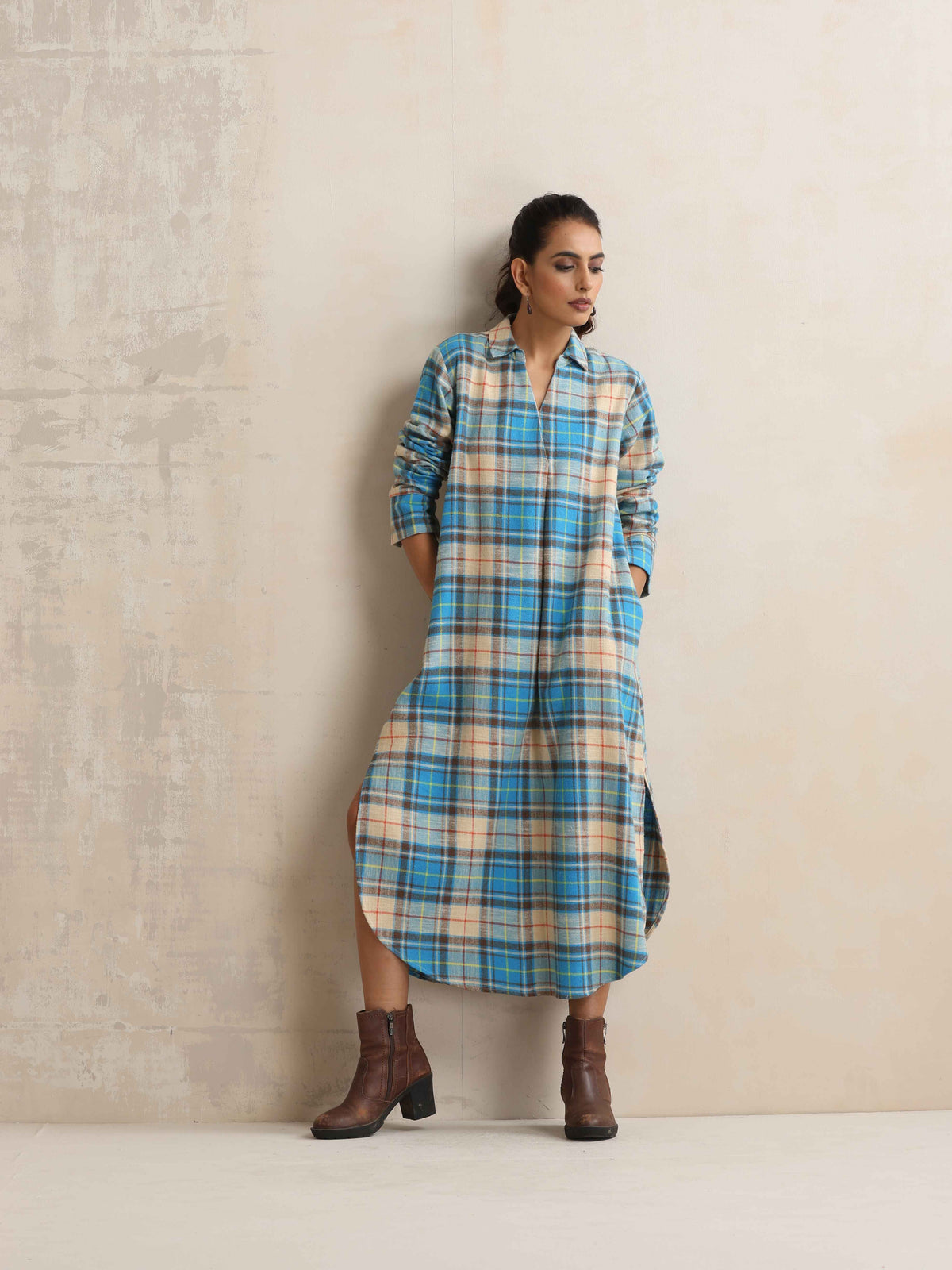 trueBrowns Beige Check Pleated Winter Dress | Grocsy