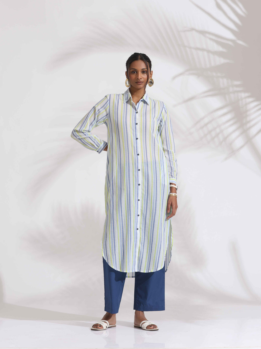 trueBrowns White Cotton Multi Stripe Shirt Kurta Set | Grocsy