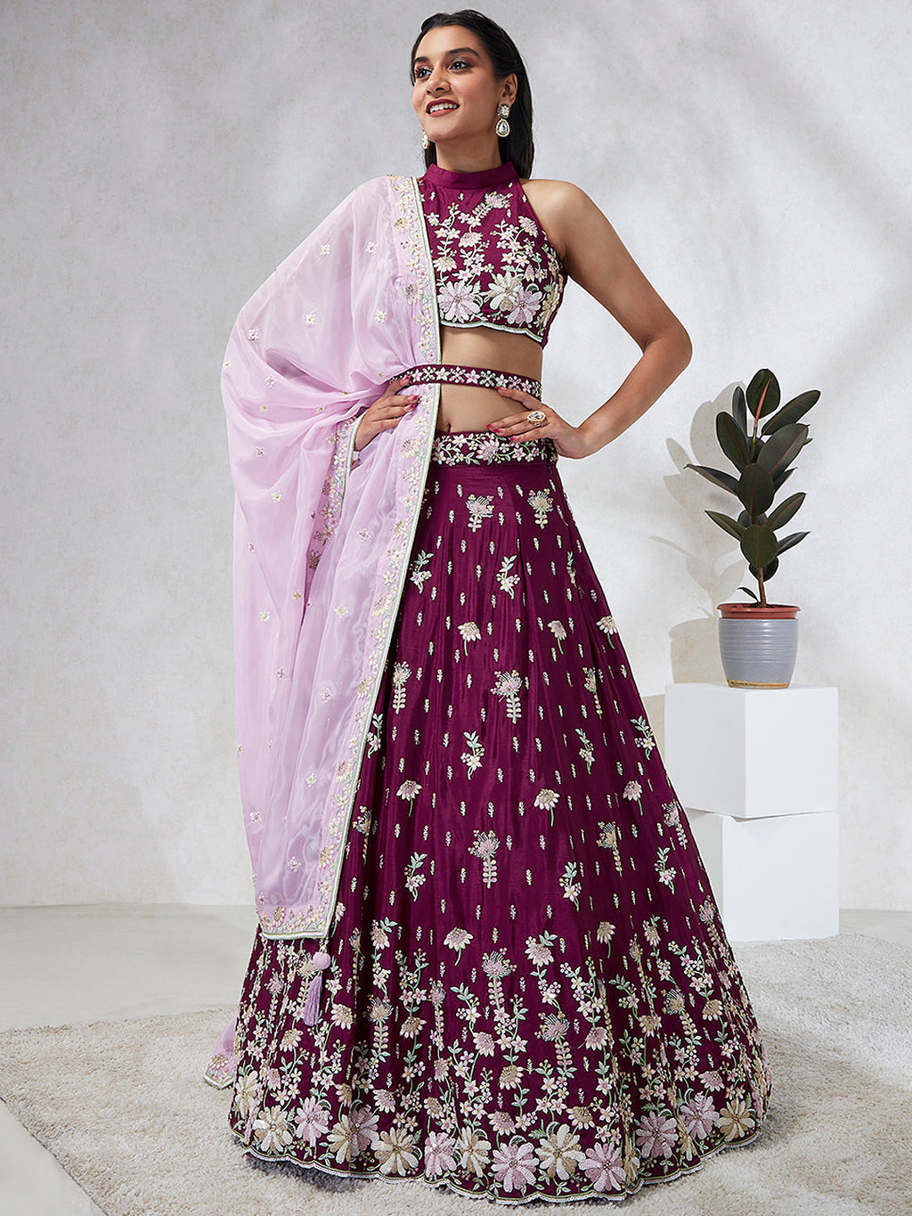 House of Panchhi Burgundy Pure Georgette Sequins And Thread Embroidery Lehenga Choli & Dupatta | Grocsy