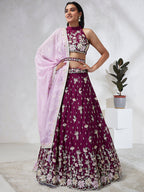 House of Panchhi Burgundy Pure Georgette Sequins And Thread Embroidery Lehenga Choli & Dupatta | Grocsy