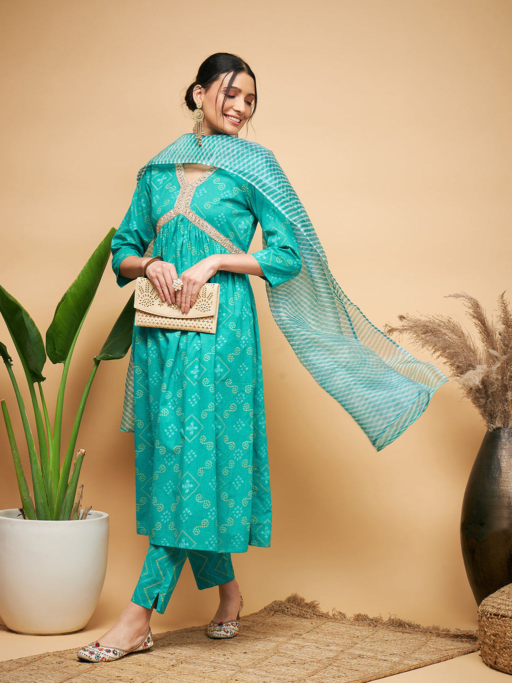 InWeave Women's Aqua S Print Alia Cut Gota Work Kurta Set W Aqua Le Du | Grocsy