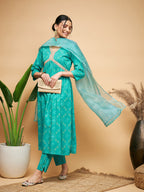 InWeave Women's Aqua S Print Alia Cut Gota Work Kurta Set W Aqua Le Du | Grocsy