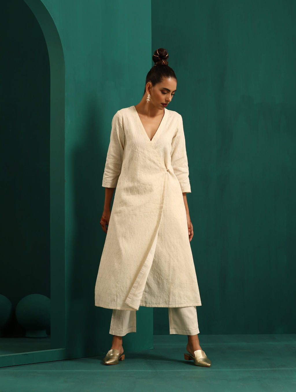 trueBrowns Ivory Tonal Cotton Angrakha Kurta Pant Set | Grocsy