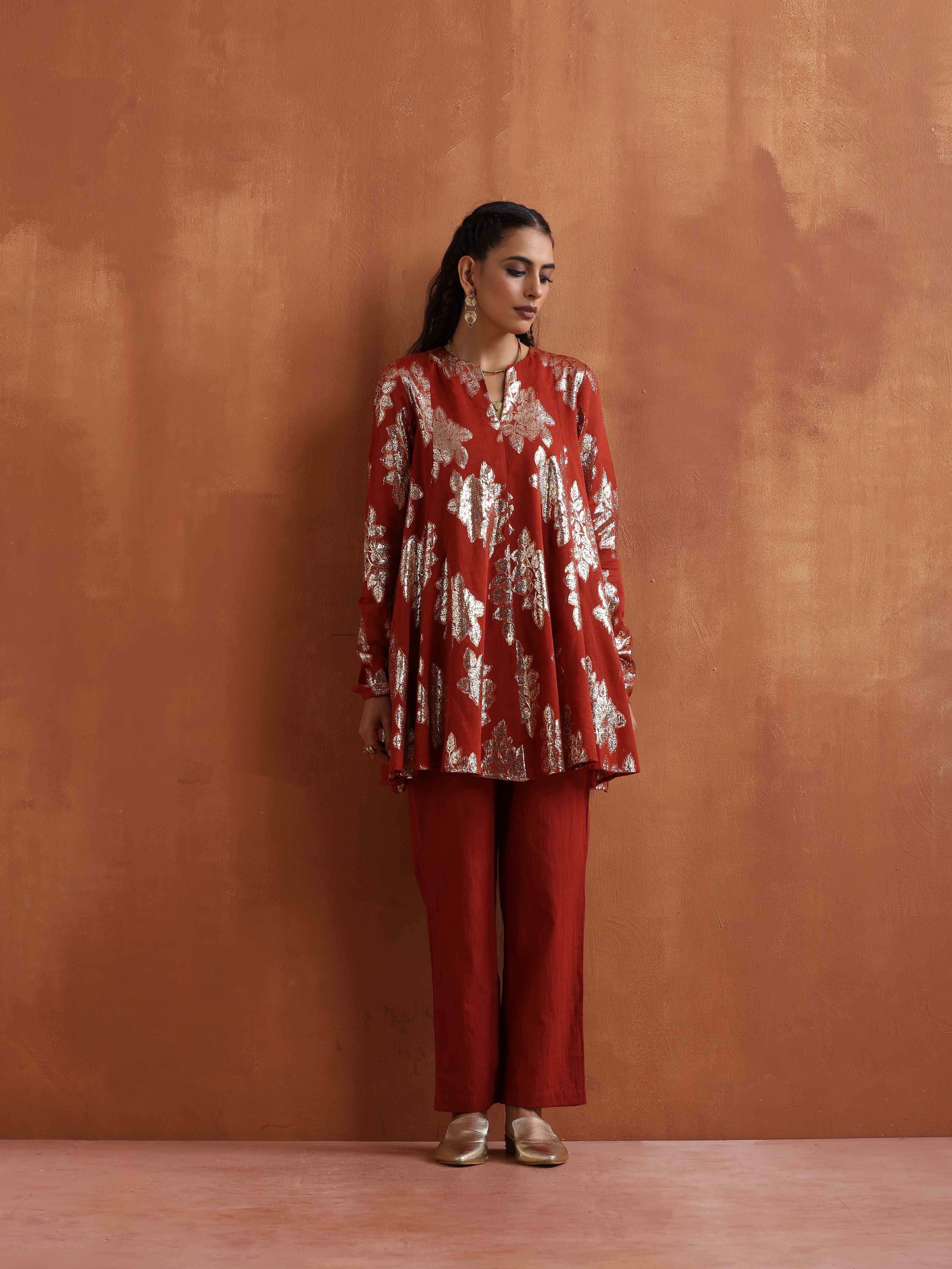 trueBrowns Rust Metallic Flared Anarkali Co-ord Set | Grocsy