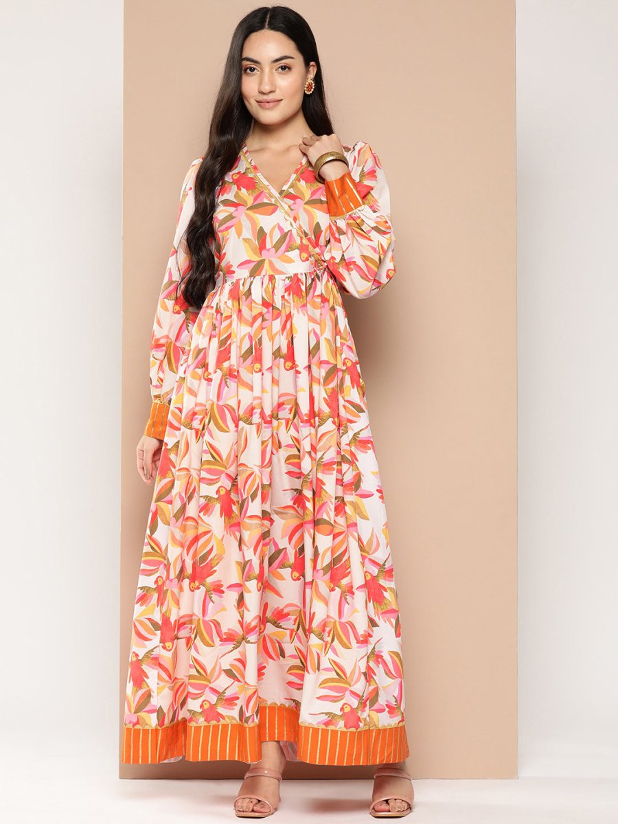 Ahalyaa Floral Printed Tie-Ups Crepe Empire Ethnic Dress | Grocsy