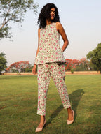 trueBrowns White Cotton Block Print Sleeveless Co-Ord set | Grocsy