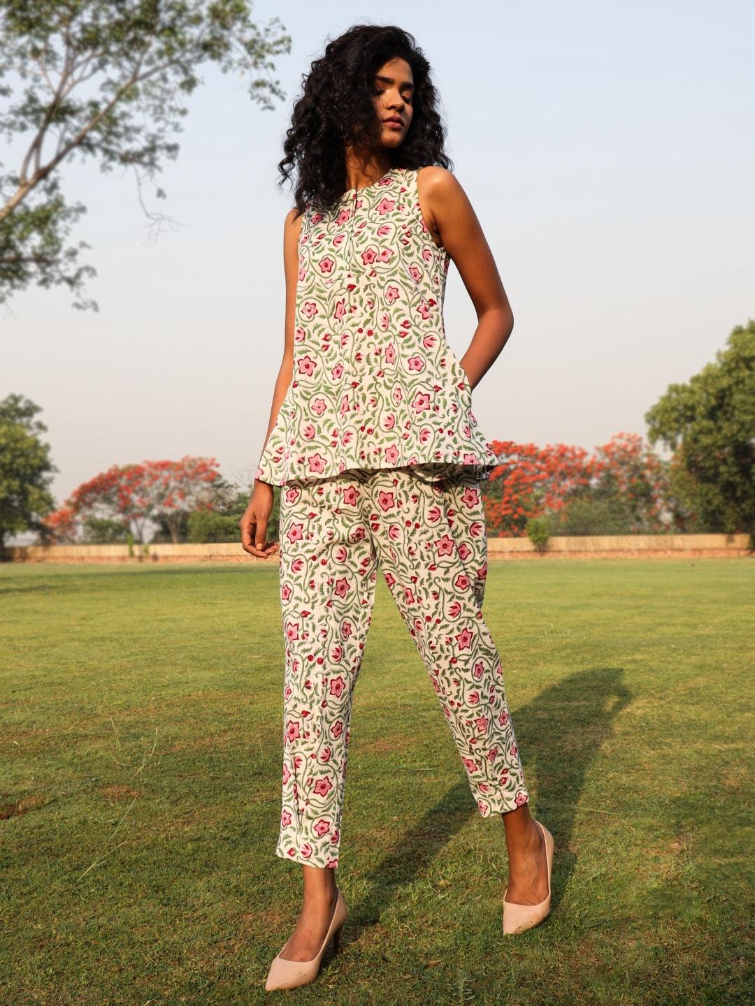 trueBrowns White Cotton Block Print Sleeveless Co-Ord set | Grocsy
