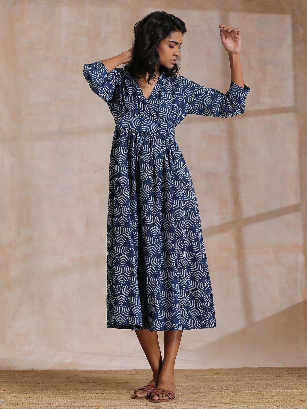trueBrowns Indigo Dabu Overall Print Cotton Wrap Dress | Grocsy