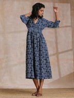 trueBrowns Indigo Dabu Overall Print Cotton Wrap Dress | Grocsy