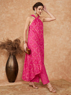 InWeave Women's Fuchsia S Print Twisted Neckline Kurta Pant Set | Grocsy