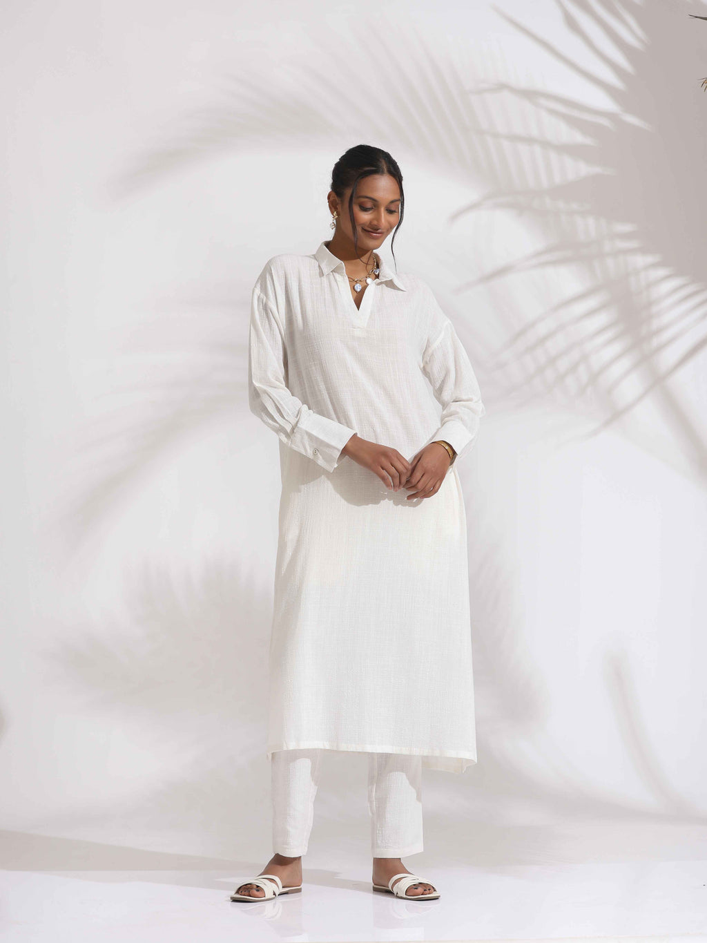 trueBrowns White Cotton A-line Kurta Set | Grocsy