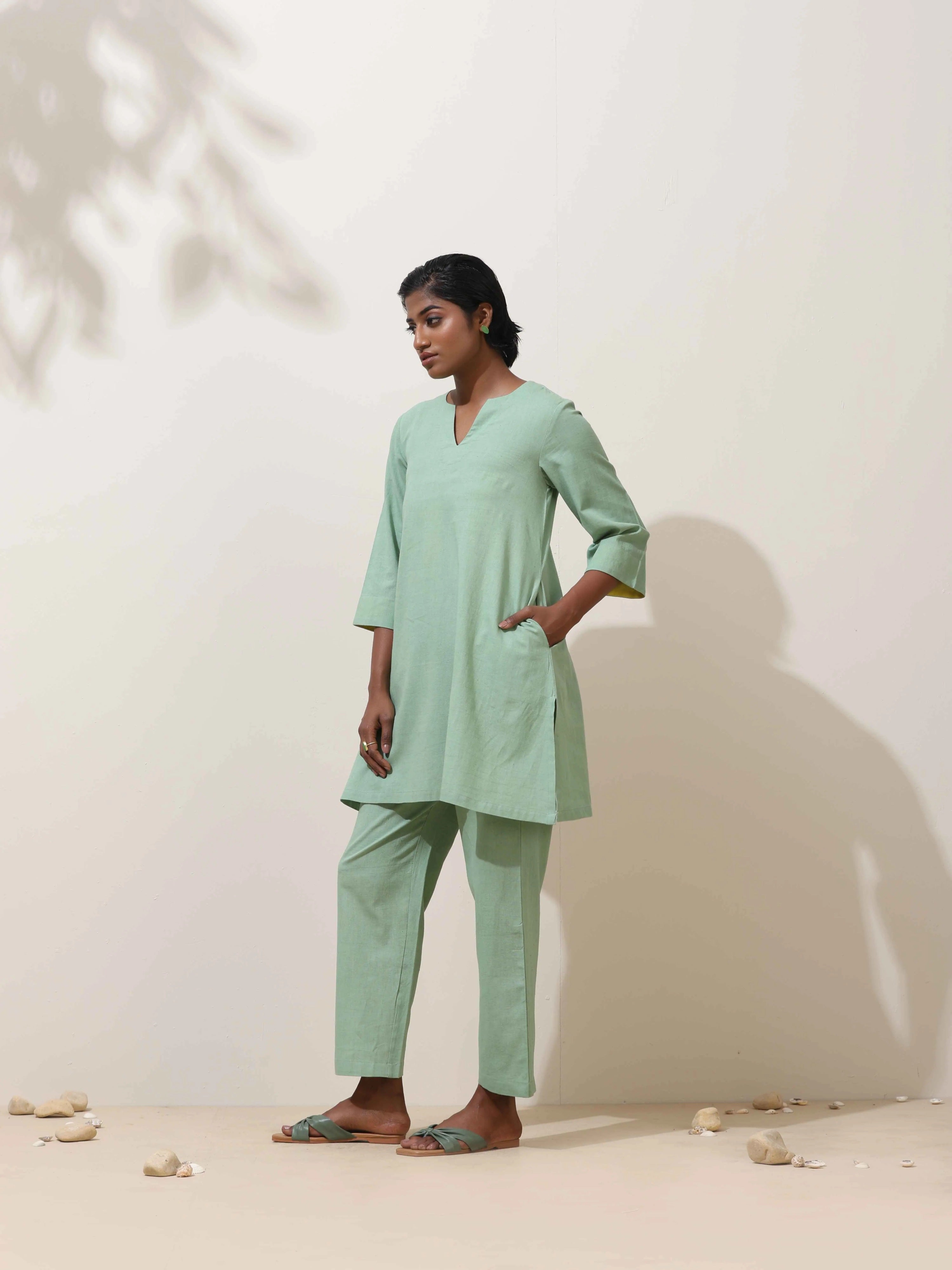 trueBrowns Mint Green Cotton Linen Kurta Co-Ord Set | Grocsy