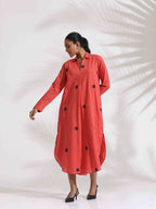 trueBrowns Orange Cotton Embroidered Flared Dress | Grocsy