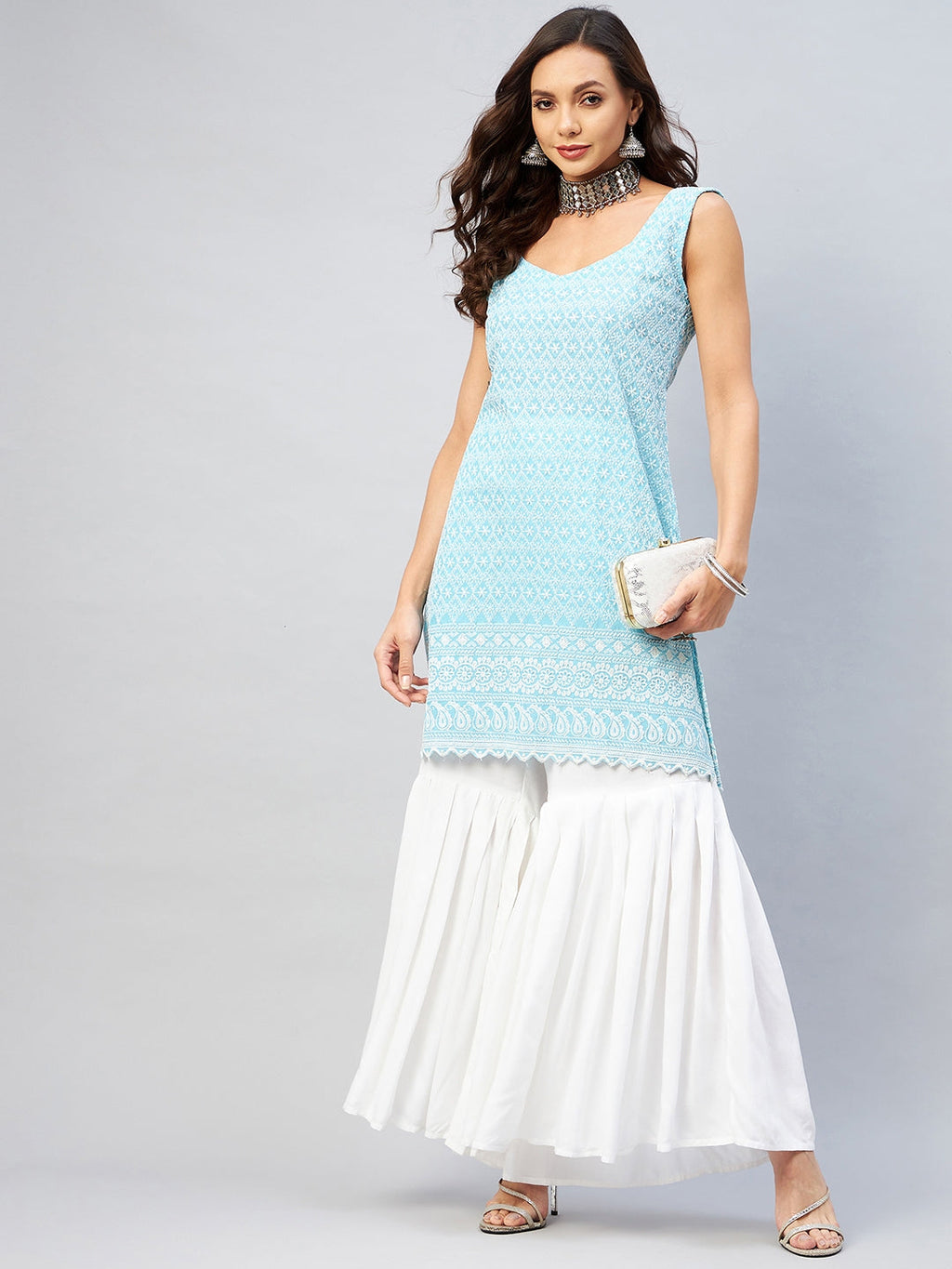 InWeave Women's Sky Blue Sweetheart Neckline Kurta | Grocsy