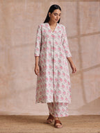 trueBrowns Pink Green Buta On White Block Print Cotton Slit Kurta Pant Set | Grocsy