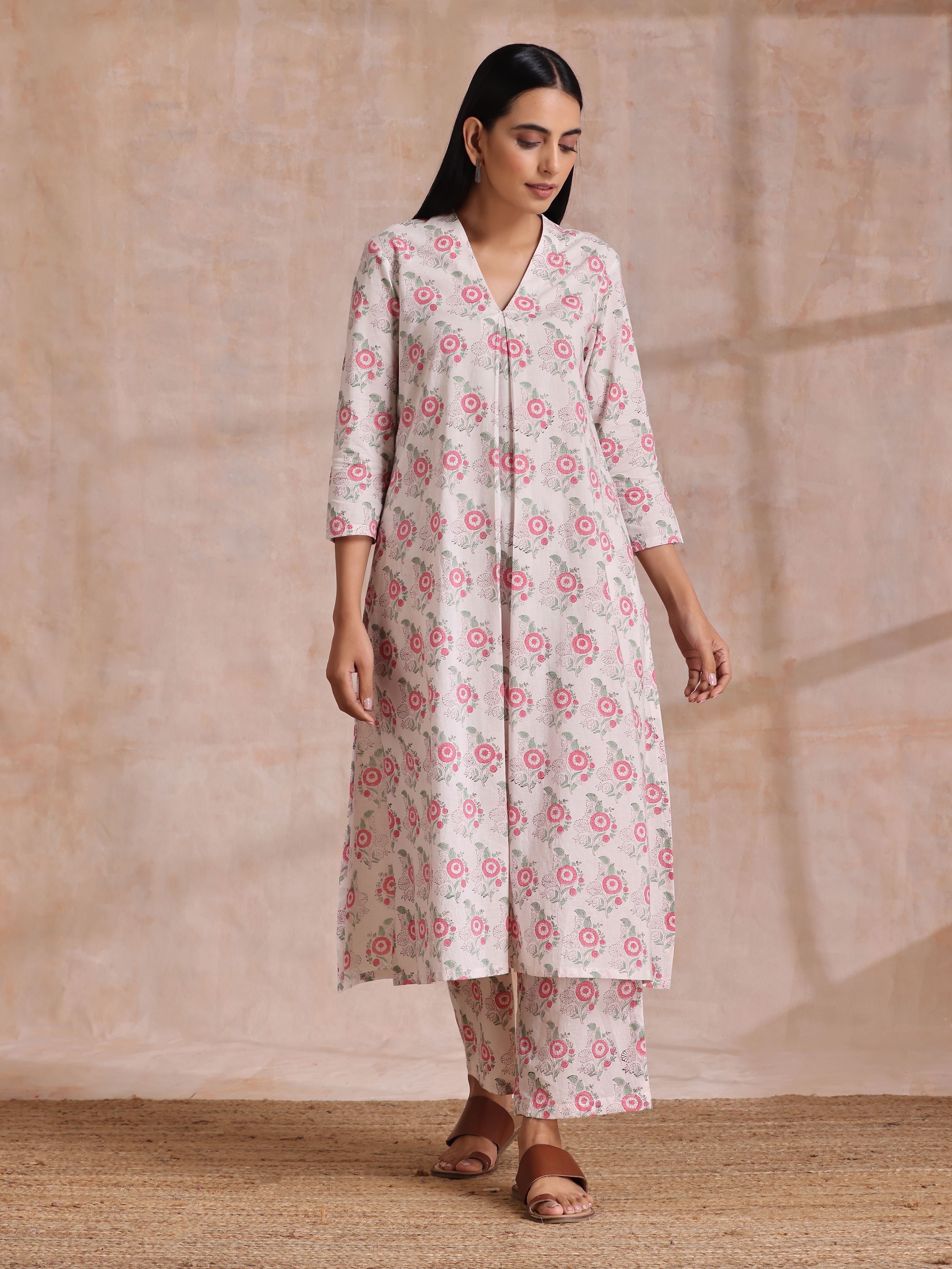 trueBrowns Pink Green Buta On White Block Print Cotton Slit Kurta Pant Set | Grocsy