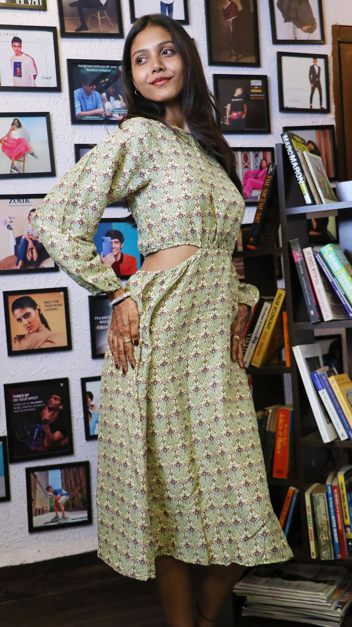 Noroke Sustainable fabric | Mushroom Ikat Cut-out Midi Dress - Printed | Grocsy