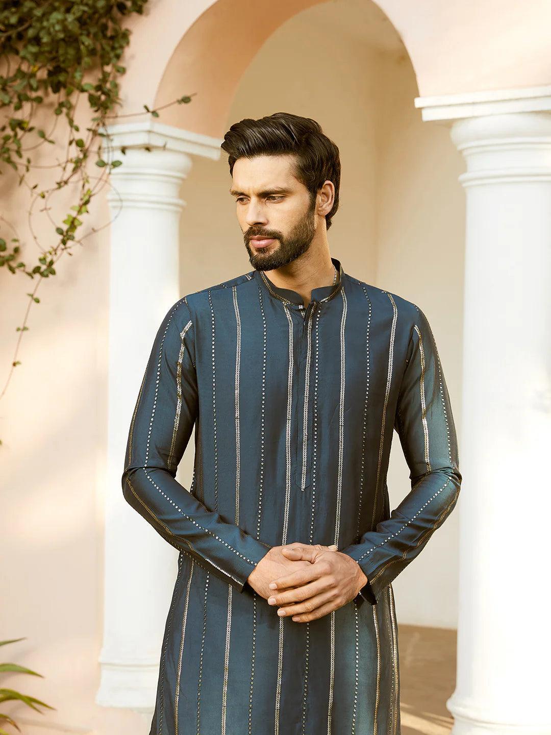 Fabmade Embroidered Regular Sequinned Chanderi Silk Kurta With Pyjamas | Grocsy