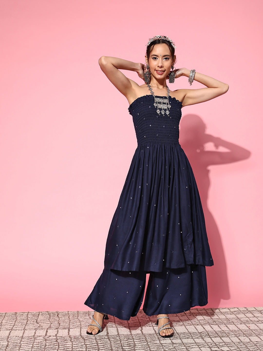 InWeave Women's Navy Blue Mirror Work Off Shoulder Kurta Set | Grocsy
