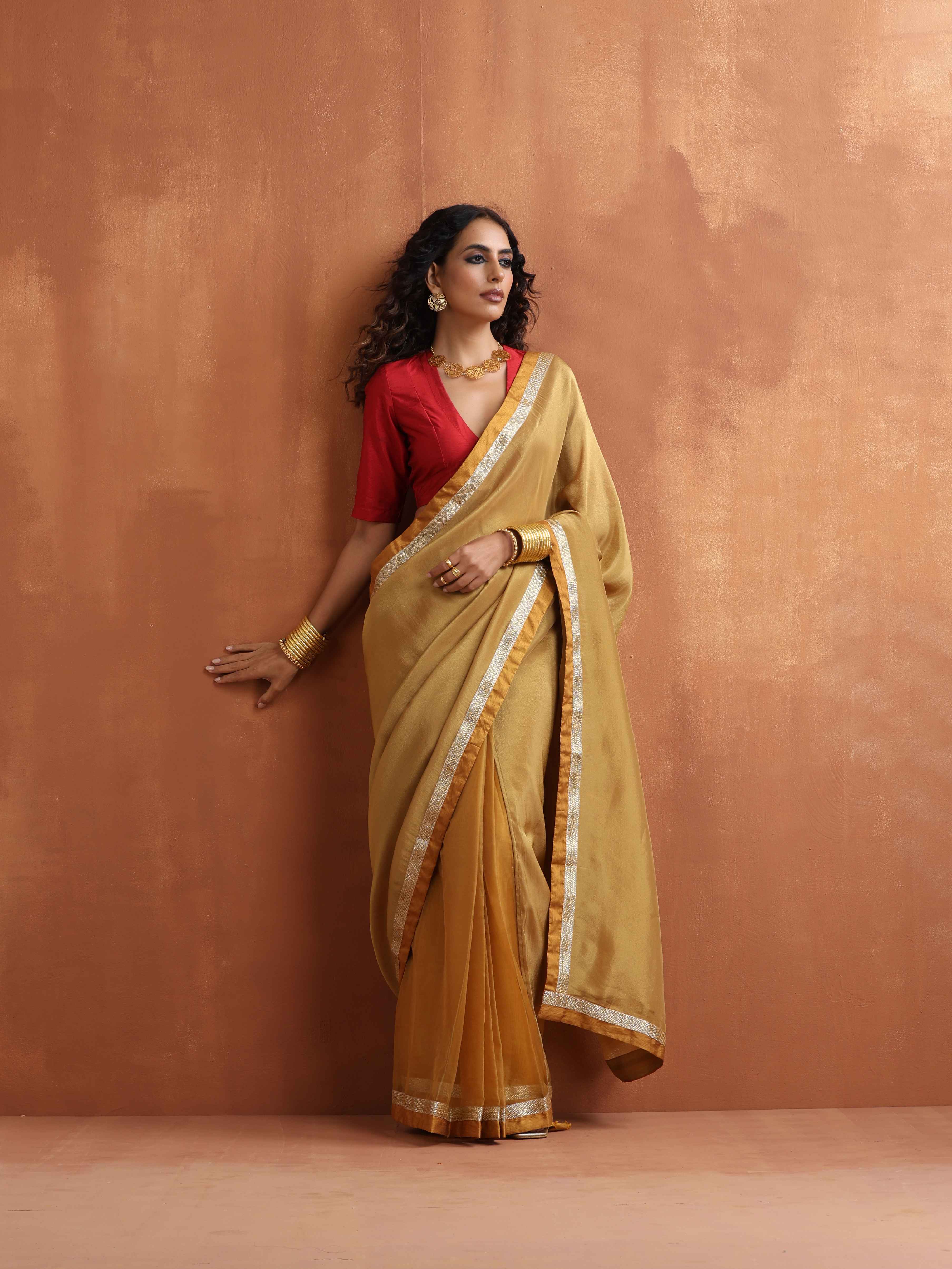 trueBrowns Gold Tissue Ready To Wear Saree | Grocsy