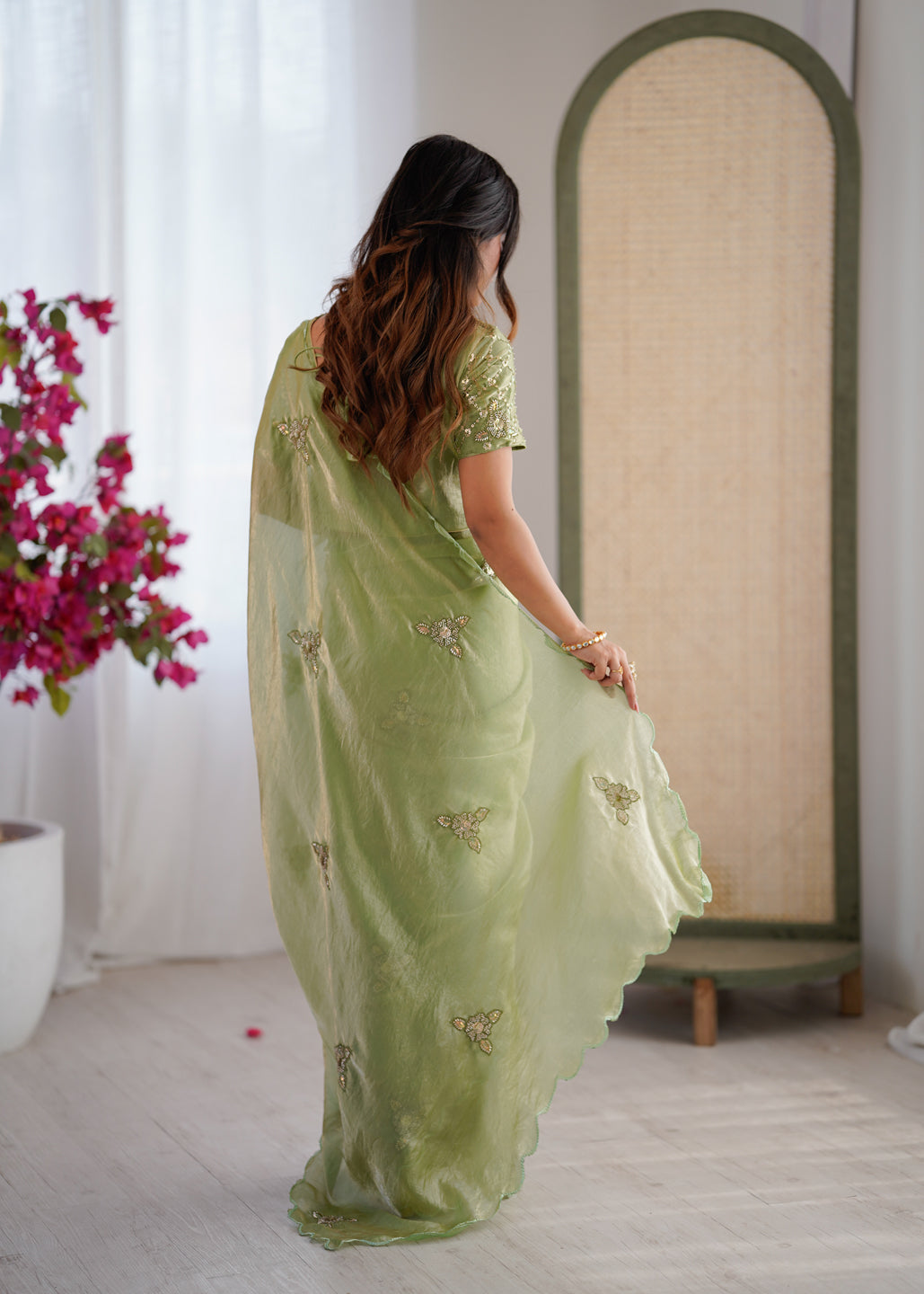Evanik Designer Heavy Fendy Satin With Beads Embroidered Work Saree With Unstitched Blouse | Grocsy
