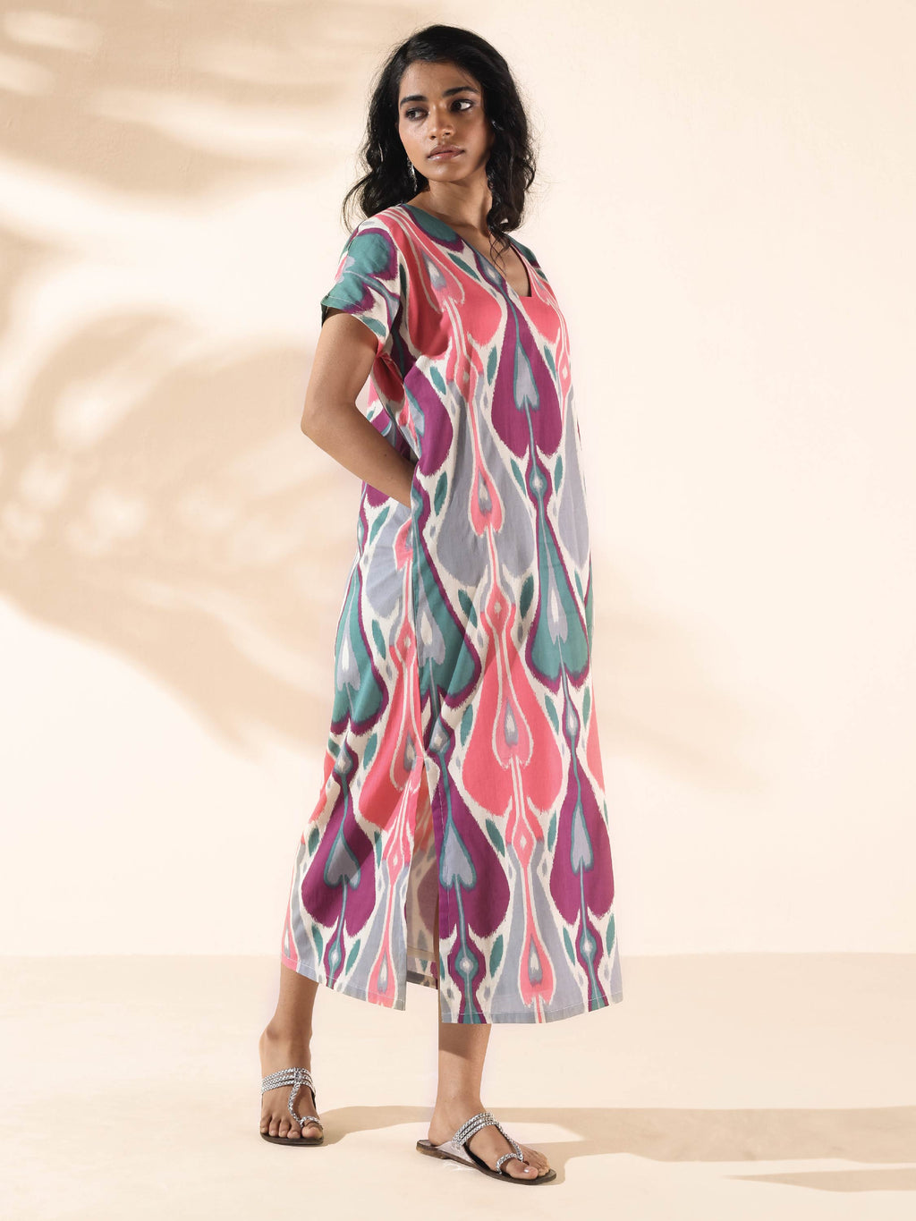 trueBrowns Green Cotton Ikat Slit Dress | Grocsy