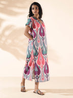 trueBrowns Green Cotton Ikat Slit Dress | Grocsy