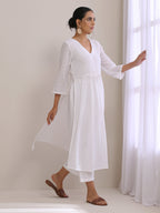trueBrowns White Dobby High Slit Gathered Kurta Set | Grocsy