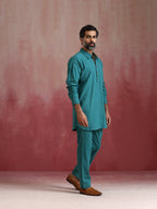 trueBrowns Men's Teal Cotton Shirt Collar Stylized Kurta Co-ord set | Grocsy