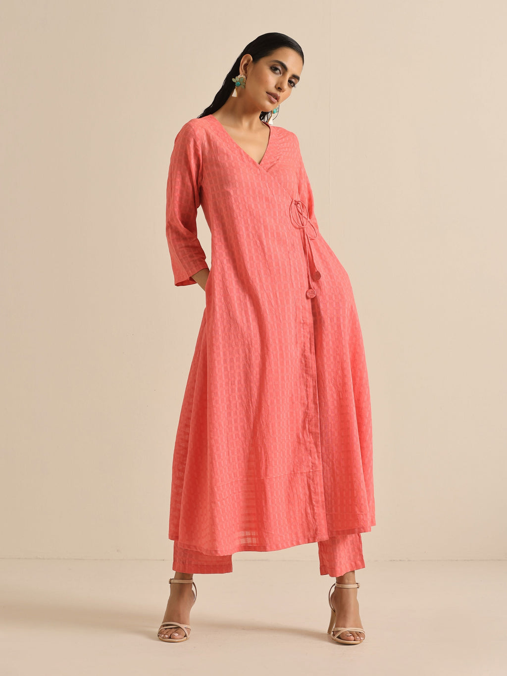 trueBrowns Bright Pink Dobby Angrakha Kurta Pant Set | Grocsy