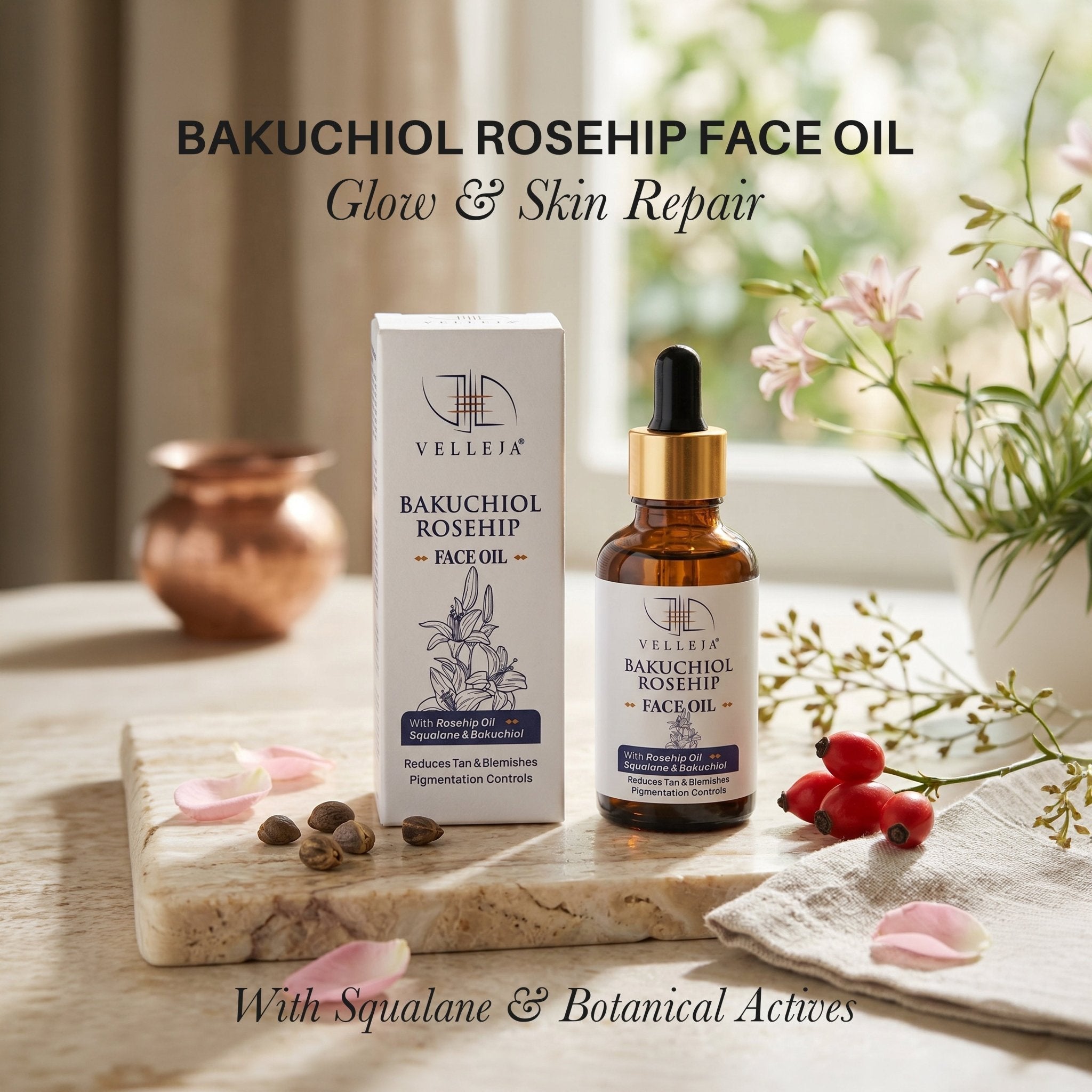 Velleja Bakuchiol Rosehip Face Oil with Squalane for Pigmentation & Dark Spots | Velleja | Grocsy