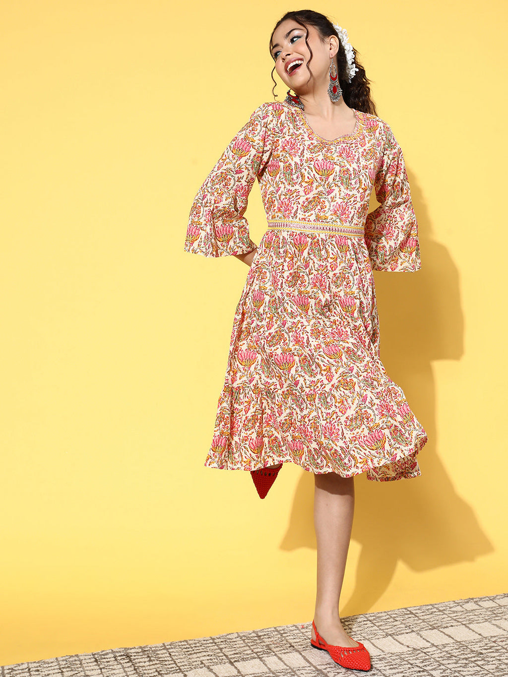 InWeave Women's Pink Boota Print Belted Dress | Grocsy